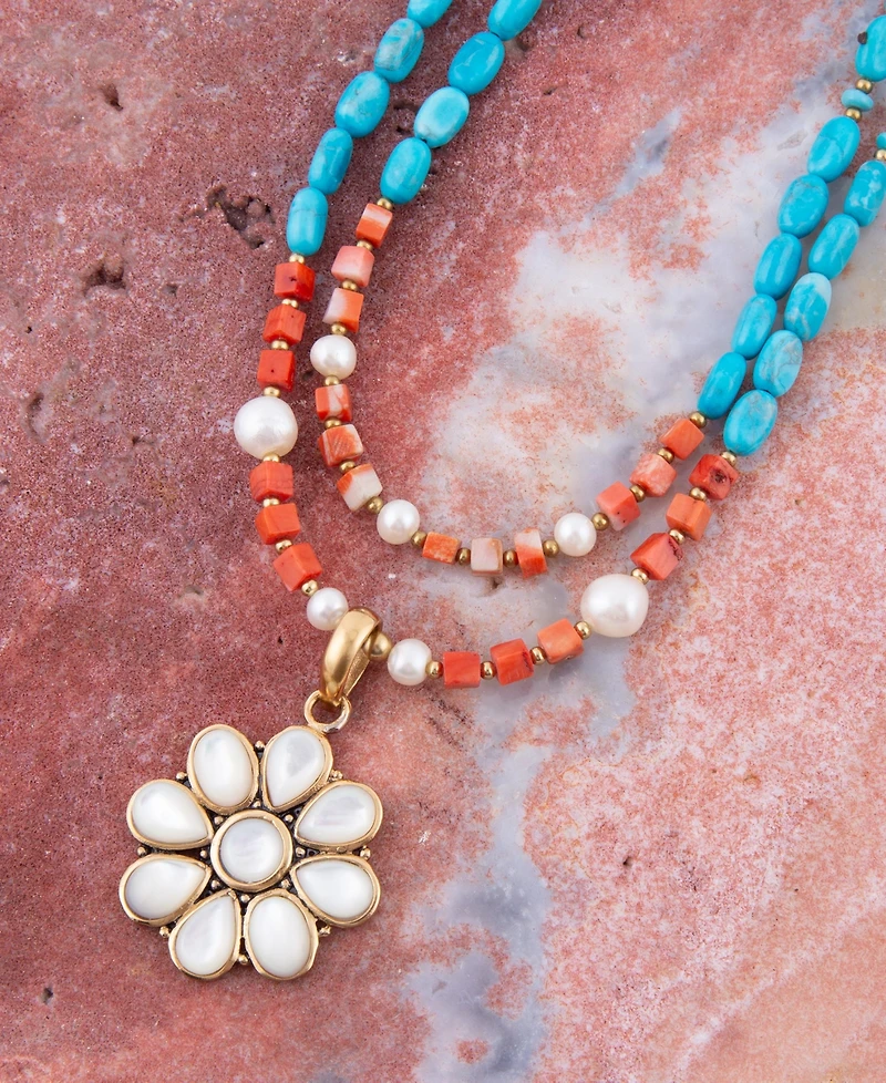 Barse Hibiscus Genuine Multi Stone Mother of Pearl Bronze Flower Pendant Necklace