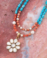 Barse Hibiscus Genuine Multi Stone Mother of Pearl Bronze Flower Pendant Necklace