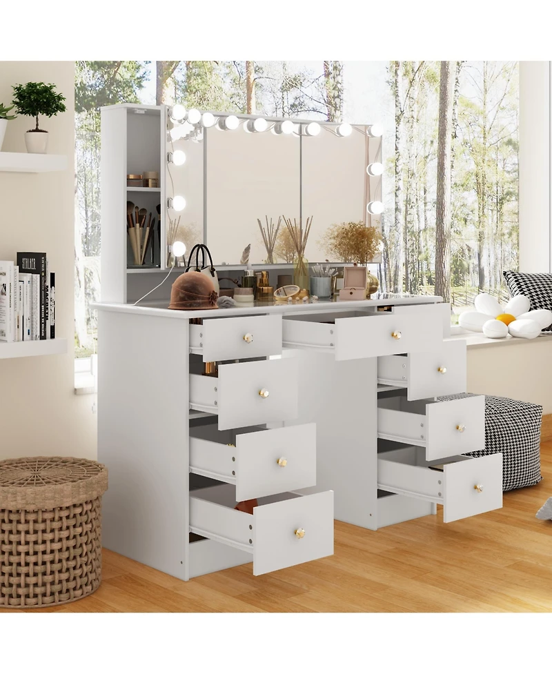Famapy White Makeup Vanity Desk 9 Drawers Wood Dressing Table With 3 Led Bulb Light Mirrors, Glass Top, Hidden Storage Shelves