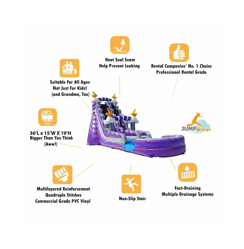 JumpOrange 19 Thunder Commercial Grade Water Slide with Splash Pool for Kids and Adults (with Blower), Outdoor Indoor, Wet Dry Use, Tall Inflatable
