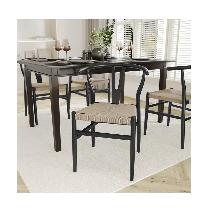 Devine Y-Back Style Wooden Dining Chair With Kraft Paper Rope Seat, Stackable Design