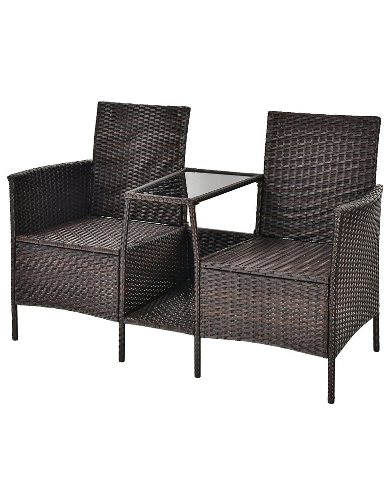 Sugift Rattan Patio Conversation Set Cushioned with Glass Table