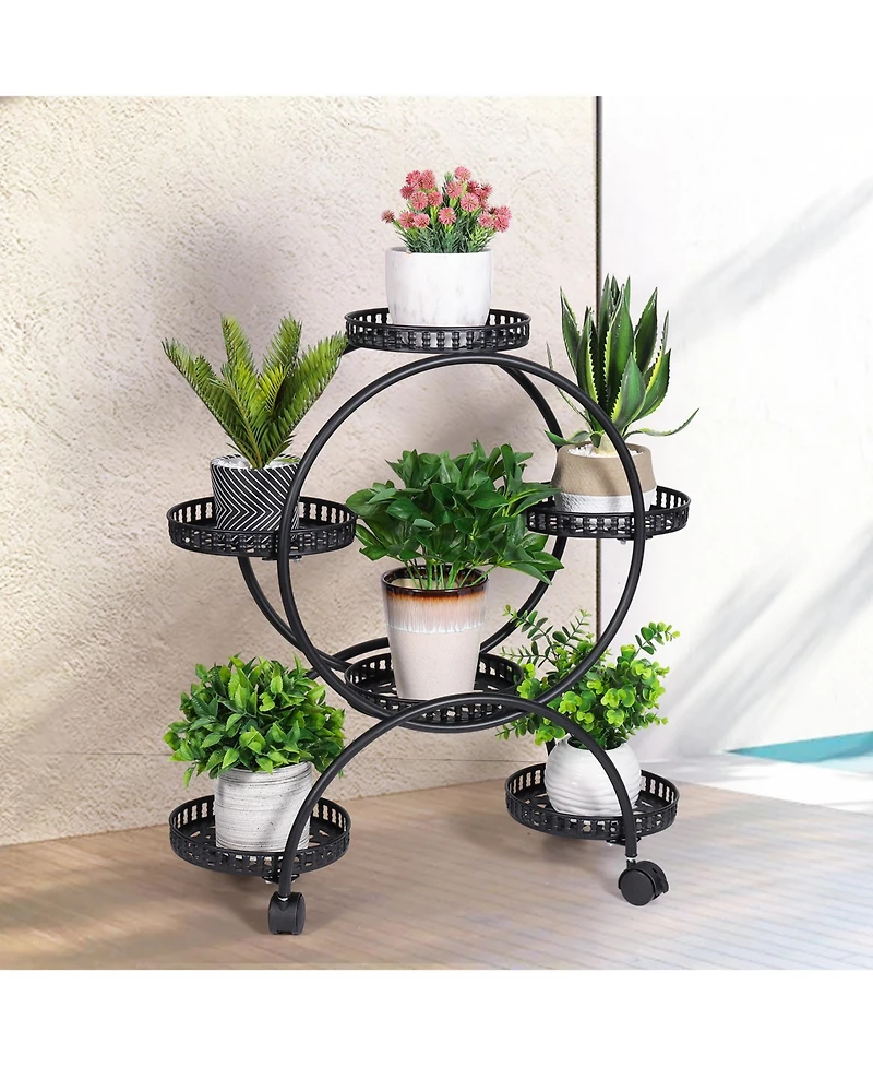 Unho Metal 6 Pot Plant Stand Decorative Flower Pot Holder with Wheels For Indoor Outdoor