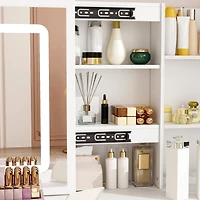 Famapy White Makeup Vanity Set Dresser Table with Dimmable Lighted Mirror, Power Strip and Hair Dryer Holder, 5-Drawers, Stool