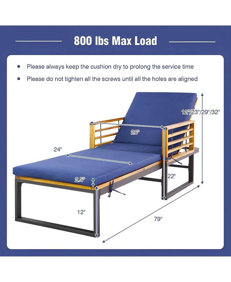 Inolait Adjustable Cushioned Patio Chaise Lounge Chair with 4-Level Backrest