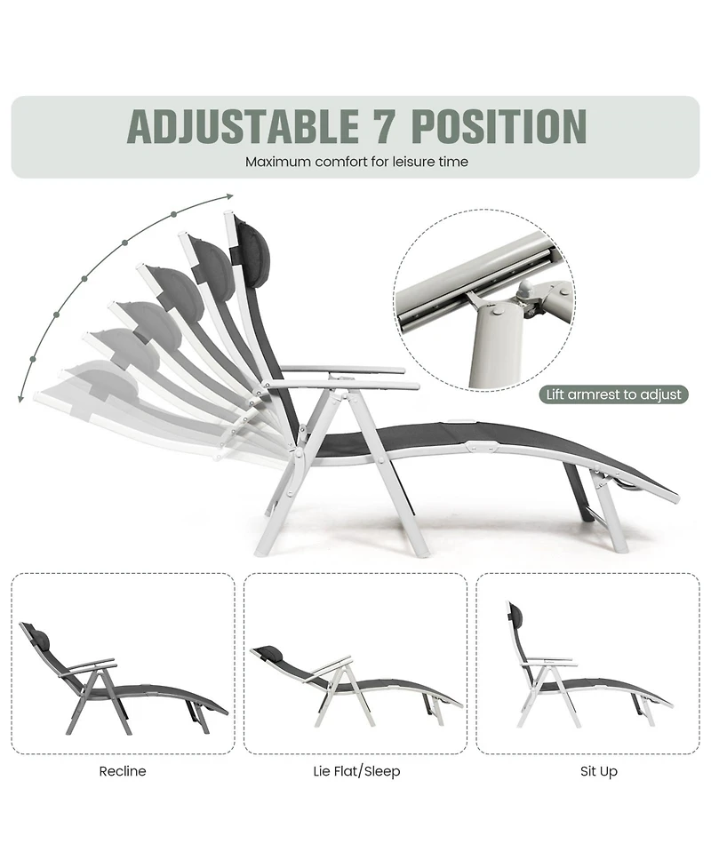 Inolait Adjustable Outdoor Lightweight Folding Chaise Lounge Chair with Pillow