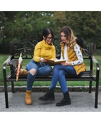 Sugift 50 Inch Patio Park Steel Frame Cast Iron Backrest Bench Porch Chair