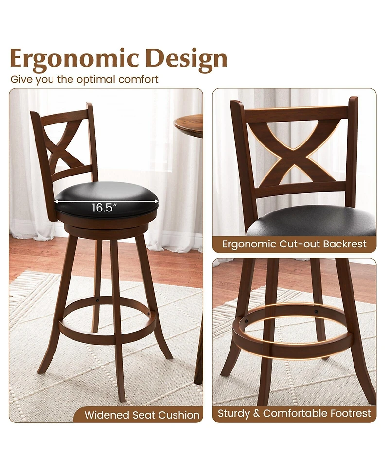Sugift 2 Pieces Classic Counter Height Swivel Bar Stool Set with X-shaped Open Back