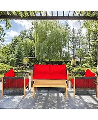4 Pieces Acacia Wood Sofa Set with Cushions for Outdoor Patio