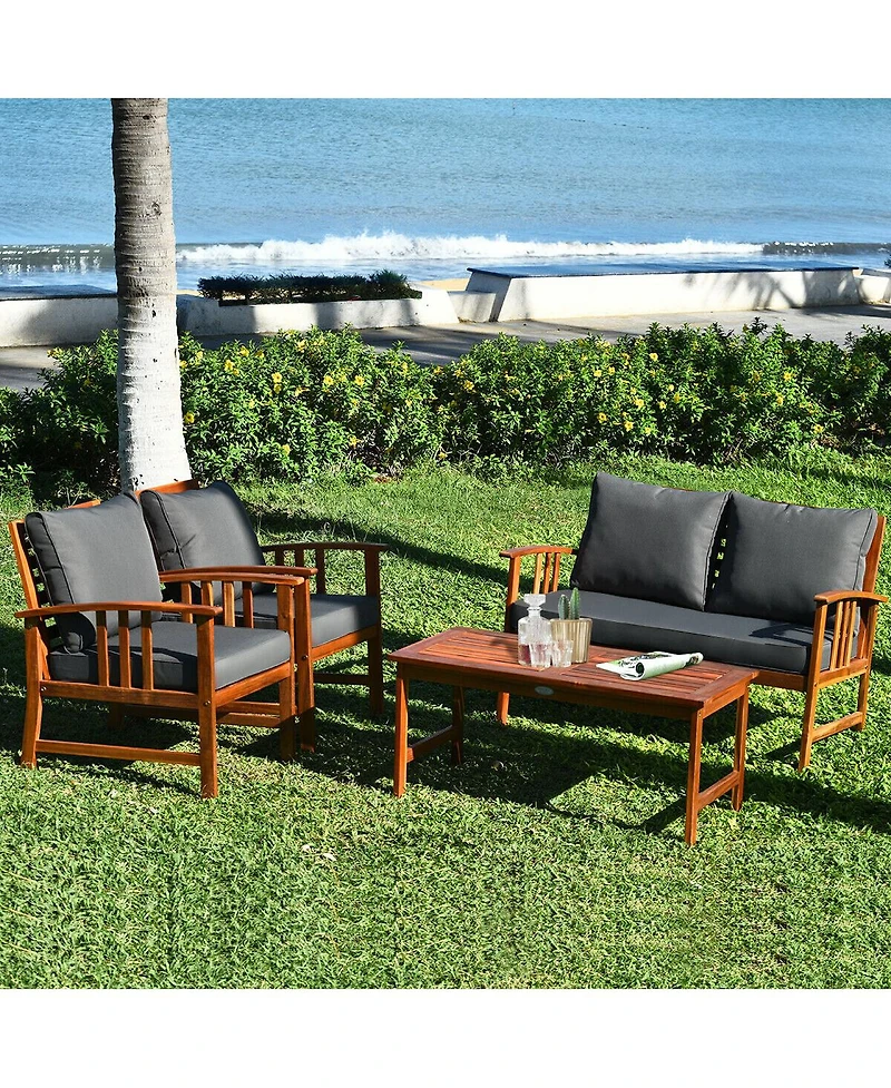 Sugift 4 Pieces Wooden Patio Sofa Chair Set with Cushion
