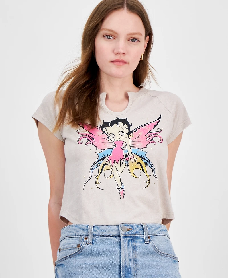 Freeze 24-7 Juniors' Betty Boop Embellished Raglan Baby Tee