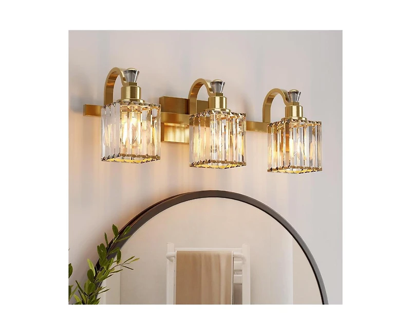 gaomon Bathroom Vanity Light Fixtures Modern Crystal Vanity Light Fixtures Over Mirror,3 Light Modern Crystal Wall Lighting with Square Shade G
