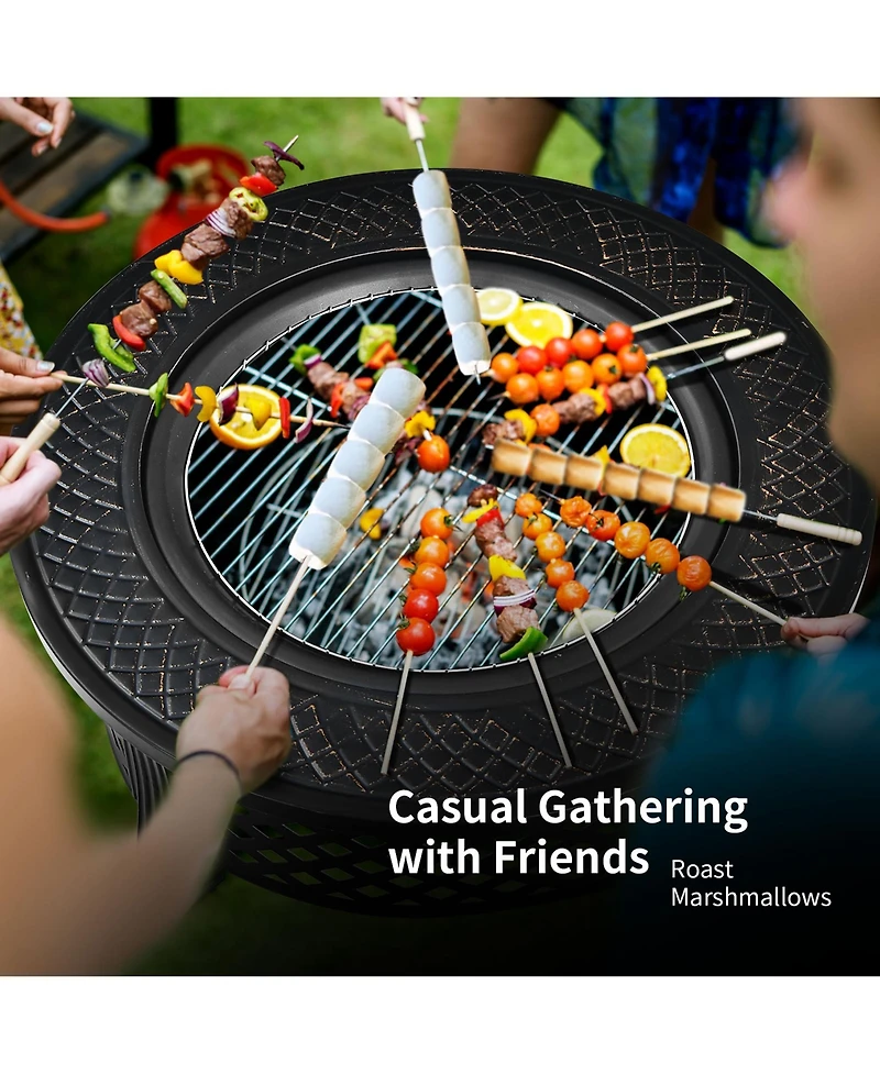 32'' Round Fire Pit Set W/ Rain Cover Bbq Grill Log Grate Poker