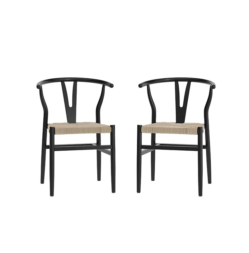 Devine Set Of 2 Y-Back Style Wooden Dining Chairs With Kraft Paper Rope Seats, Stackable Design