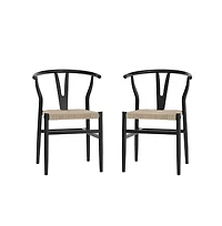 Devine Set Of 2 Y-Back Style Wooden Dining Chairs With Kraft Paper Rope Seats, Stackable Design