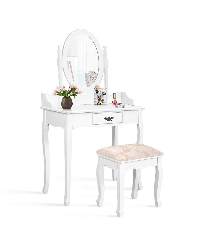 Sugift Wooden Vanity Table Set with Oval Mirror and Cushioned Stool