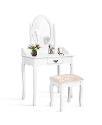 Sugift Wooden Vanity Table Set with Oval Mirror and Cushioned Stool