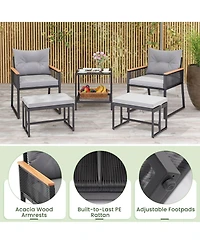 5 Piece Outdoor Conversation Set Rattan Armchairs with 2-Layer Side Table