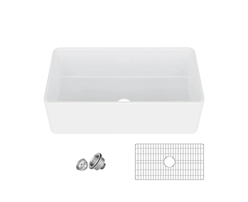 gaomon White Farmhouse Sink 33 inch Fireclay Apron Front Single Bowl Kitchen Sink Deep Drop In Farm Sink Undermount with Bottom Grid & Strainer Drain
