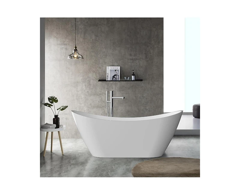 gaomon 59" Freestanding Bathtub, White Acrylic Streamline Stand Alone Soaking Bath Tubs for Adult with Overflow and Drain in Chrome, Perfect for Your