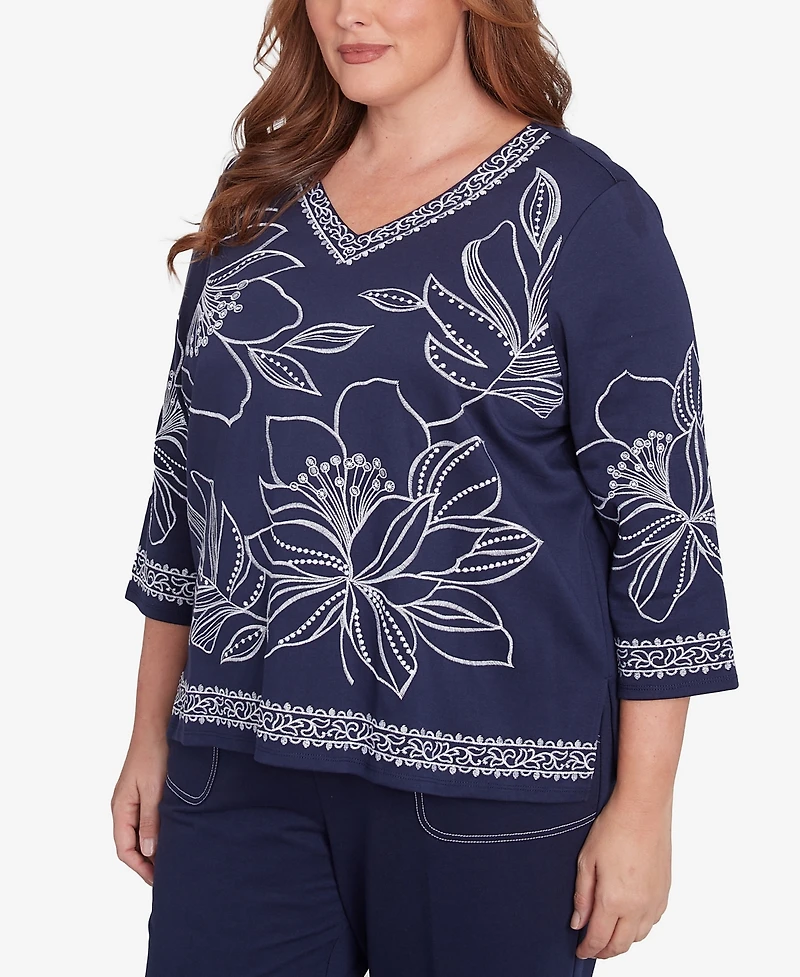 Alfred Dunner Plus Size Block Island Dynamic Floral Embroidered V-Neck Top