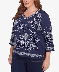 Alfred Dunner Plus Size Block Island Dynamic Floral Embroidered V-Neck Top