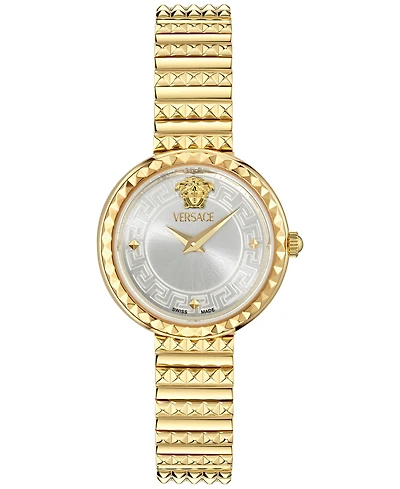 Versace Women's Swiss Greca Goddess Gold Ion Plated Studded Bracelet Watch 28mm