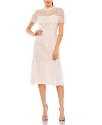 Women's High Neck Mesh Tier Embroidered Dress