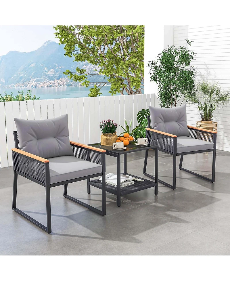 3 Pcs Outdoor Conversation Set with 2-Layer Side Table Acacia Wood Armrests