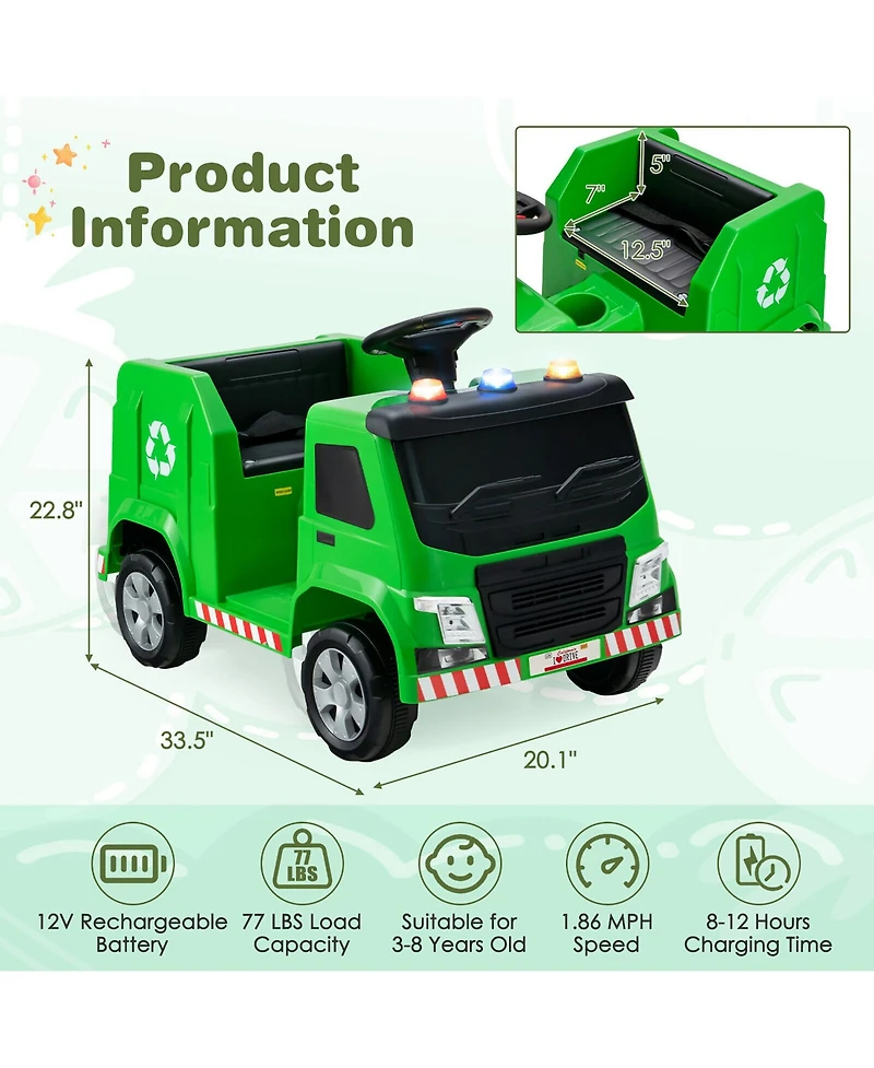 12V Recycling Garbage Truck Electric Ride On Toy Remote w/Recycling Accessories
