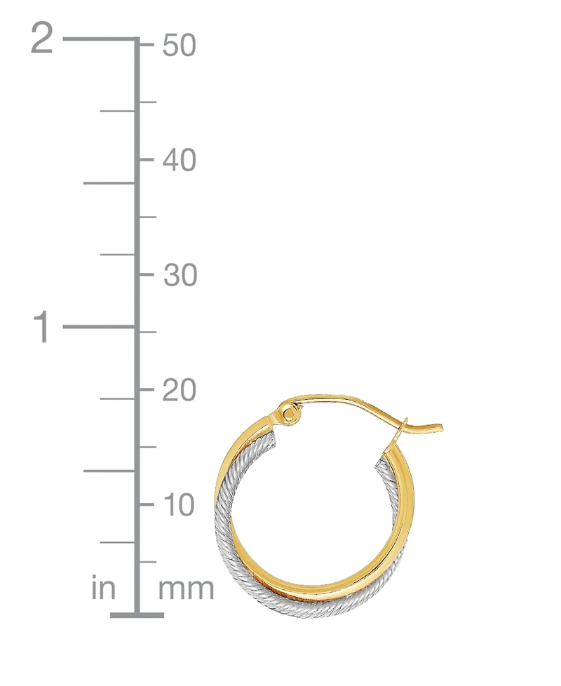 Small Polished Crossover Tube Hoop Earrings in 10K Yellow and White Gold, 0.7"