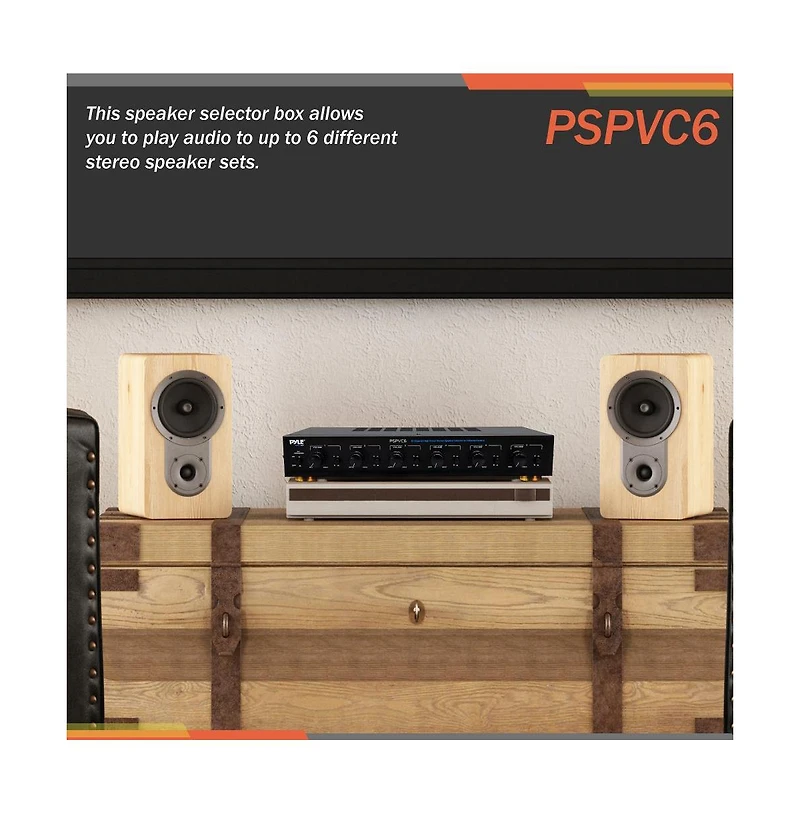 Pyle 6-Channel High Power Stereo Speaker Selector, Multi-Channel Amplifier with Volume Control