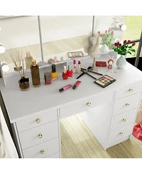 Homsee White Modern Makeup Vanity Desk 9 Drawers Wood Dressing Table With 3 Mirrors, Hidden Storage Shelves, Led Bulb Lights
