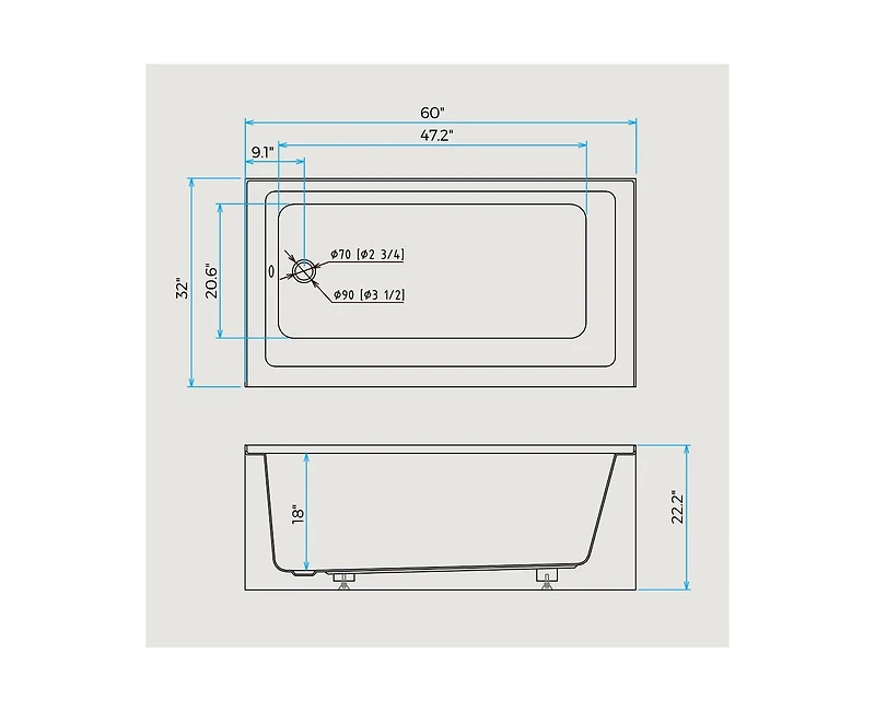gaomon 60 Inch Acrylic Rectangular Alcove Soaking Bathtub, Rectangle 60-Inch x 32-Inch Alcove Bath with Integral Apron, Integral Flange and Left Hand