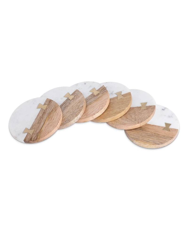 Thirstystone Uptown Round Marble and Wood Coasters with Inlay, Set of 6