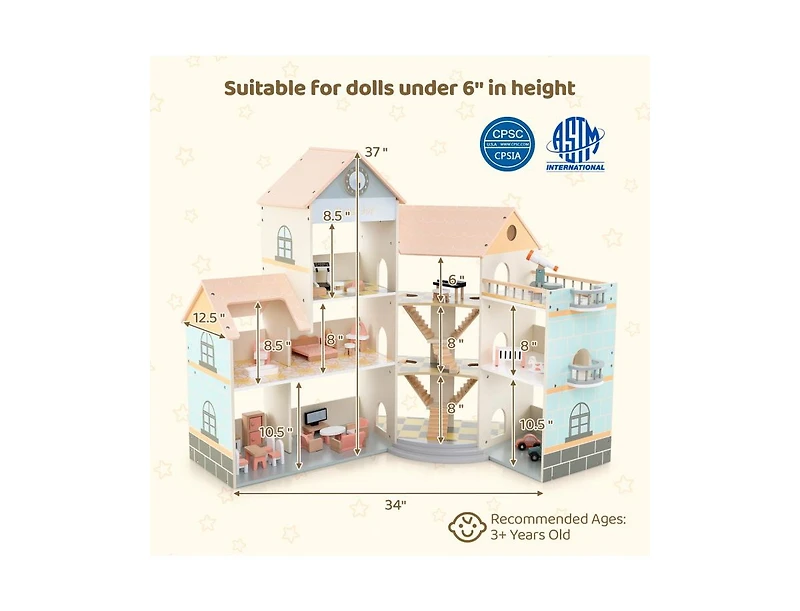 Hongge Wooden Corner Dollhouse Playset with 41 Pieces Accessories for Kids 3+ Years Old