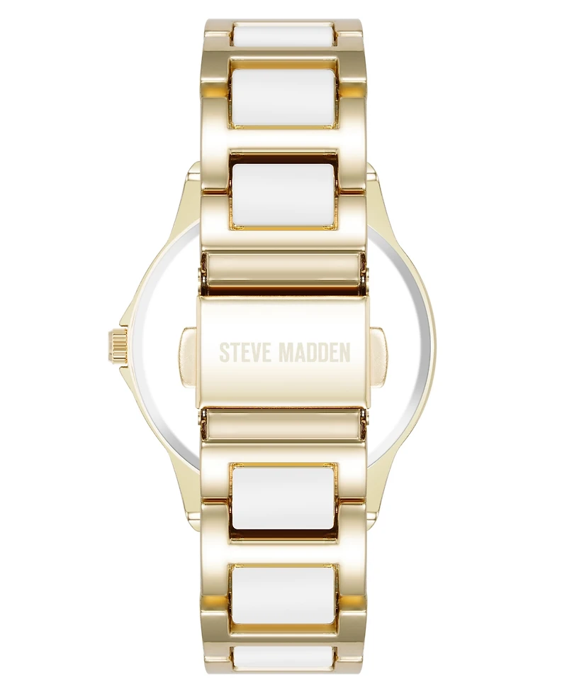 Steve Madden Women's Signature White Enamel and Gold-Tone Alloy Metal Bracelet Watch, 36mm