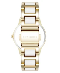 Steve Madden Women's Signature White Enamel and Gold-Tone Alloy Metal Bracelet Watch, 36mm