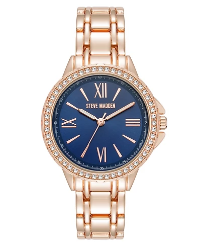 Steve Madden Women's Charming Navy and Rose Gold-Tone Alloy Metal Bracelet Watch, 38mm