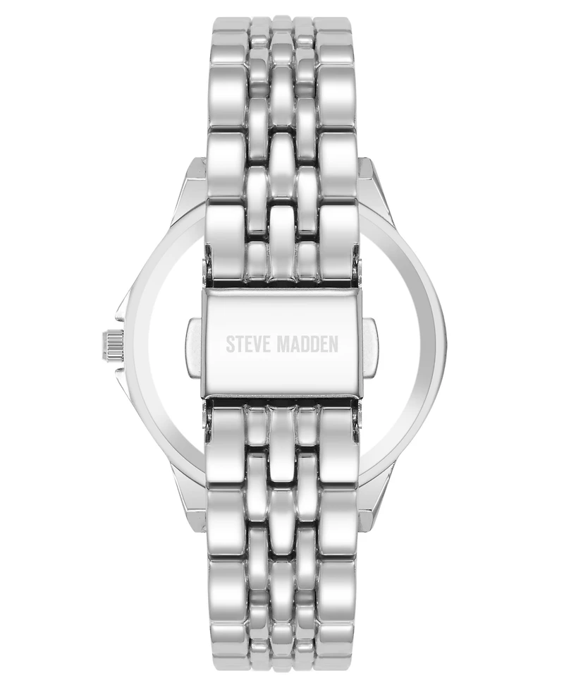 Steve Madden Women's Essential Black and Silver-Tone Alloy Metal Bracelet Watch, 33.5mm