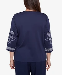 Alfred Dunner Women's Block Island Dynamic Floral Embroidered V Neck Top