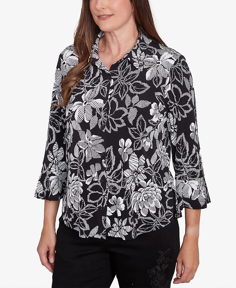Alfred Dunner Women's Wild at Heart Floral Puff Print Button Down Top