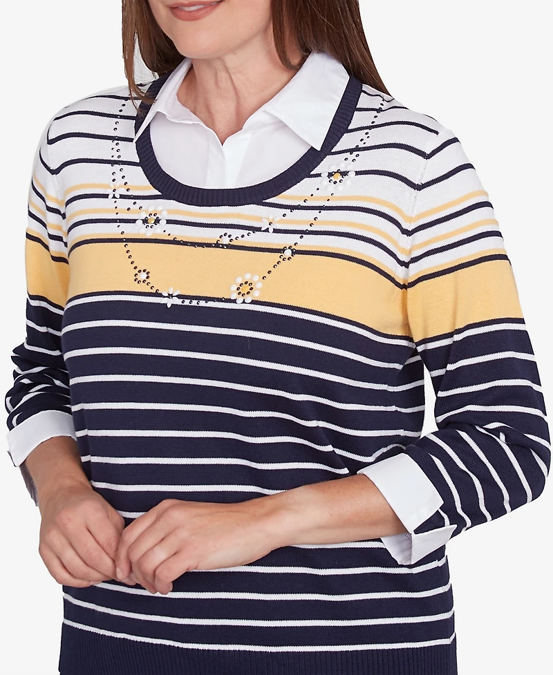 Alfred Dunner Women's Block Island Striped Two One Collared Sweater with Necklace