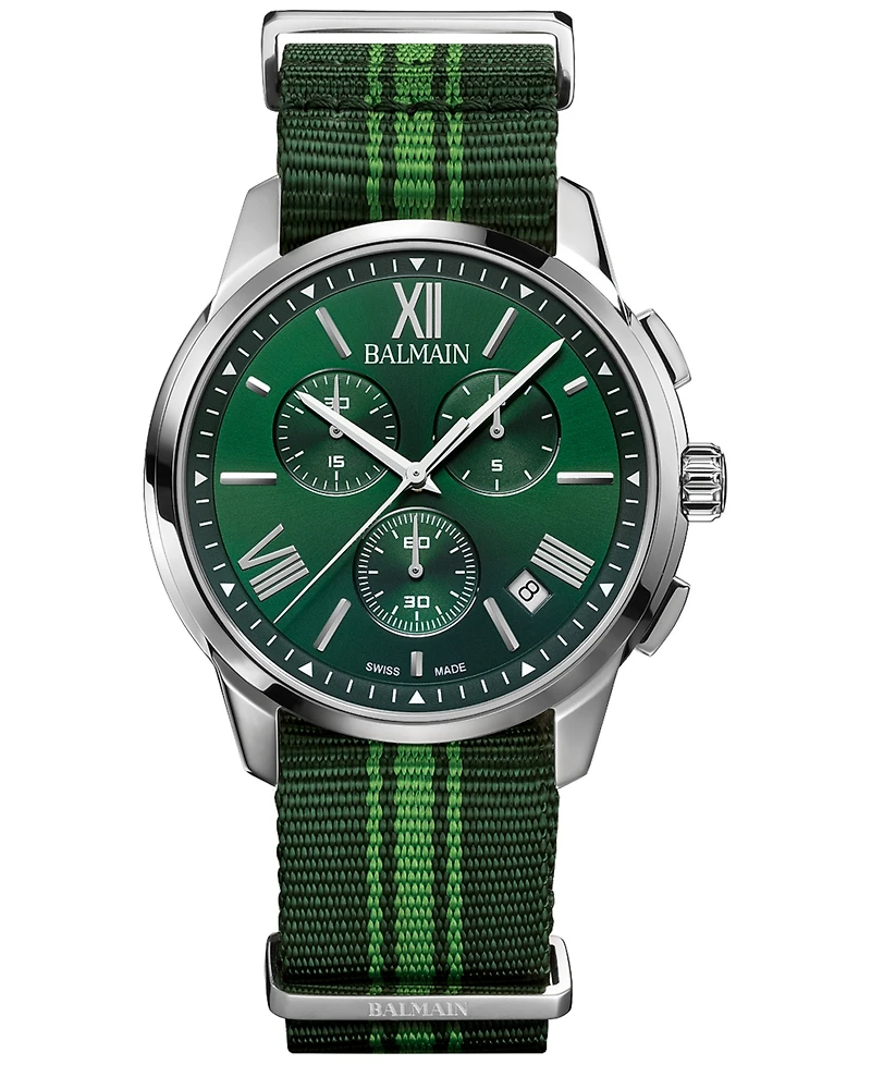 Balmain Men's Swiss Chronograph Madrigal Dark Green Striped Nato Strap Watch 42mm