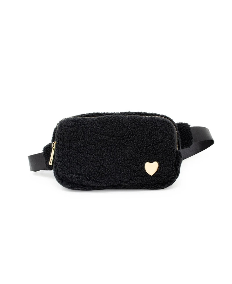 Tiny Treats + Zomi Gems Girls Fuzzy Belt Bag with Heart for Kids, Black