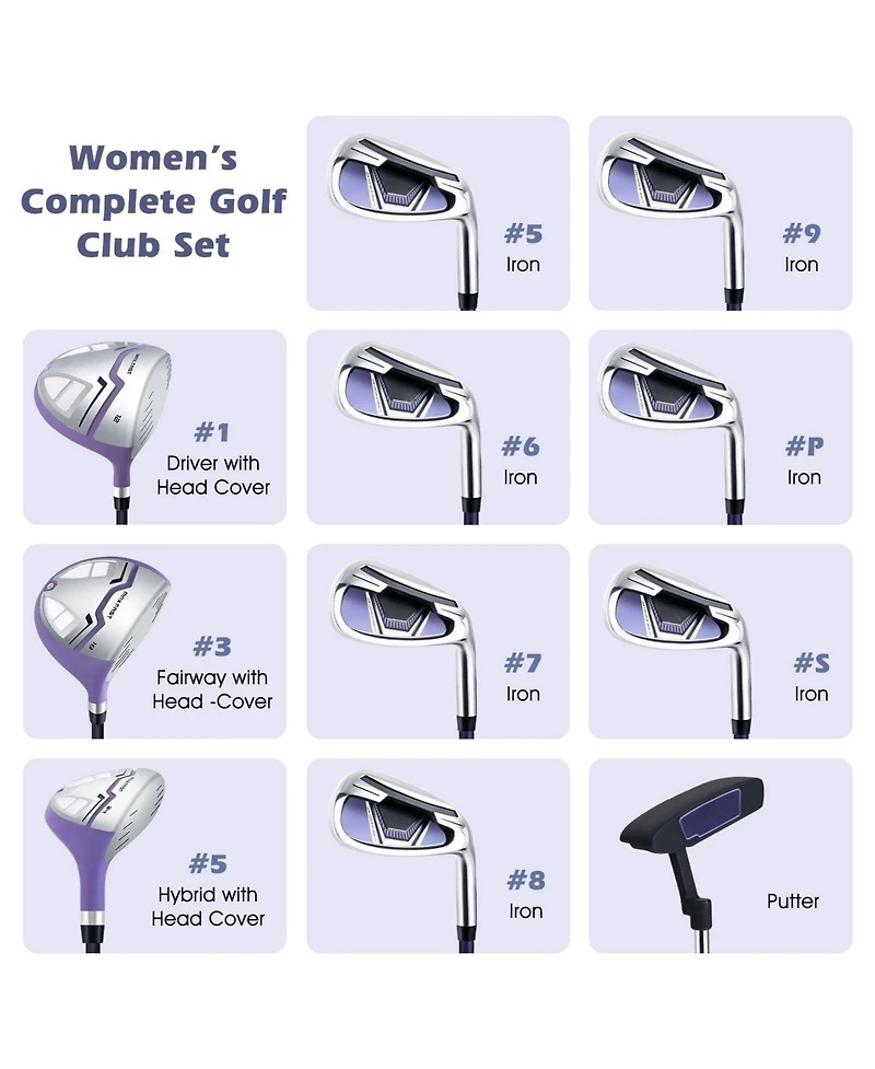Hongge Women's Right Hand Complete Golf Club Set with Stand Bag and Rain Hood