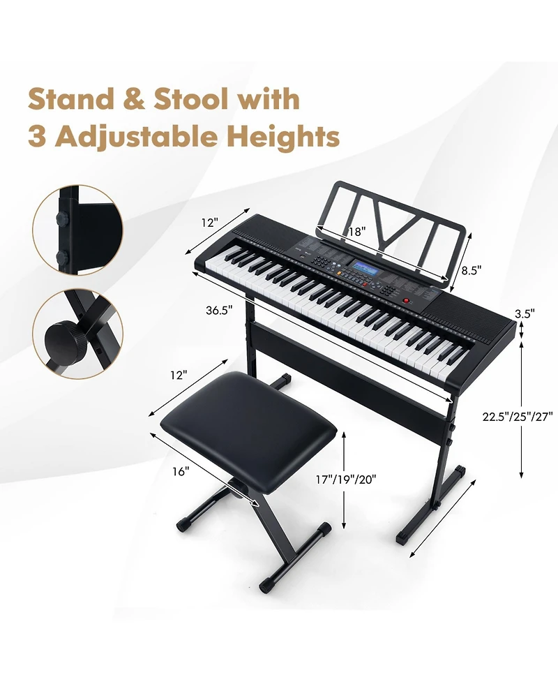 Hongge 61-Key Portable Electronic Keyboard Piano with Stand and Stool