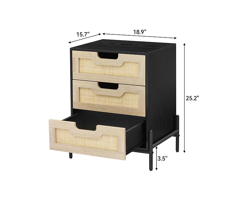 gaomon Rattan Nightstand, Black Nightstand with 3 Natural Rattan Drawers, Boho Mid Century Modern Bedside Table, Stylish End Table, and Functional Sid
