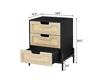 gaomon Rattan Nightstand, Black Nightstand with 3 Natural Rattan Drawers, Boho Mid Century Modern Bedside Table, Stylish End Table, and Functional Sid