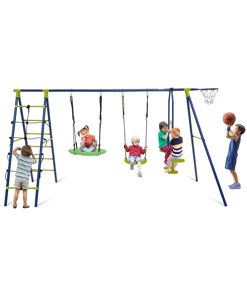 Hongge 550 Lbs 6-in-1 Patio Kids Swing Set with Climbing Net and Ladder